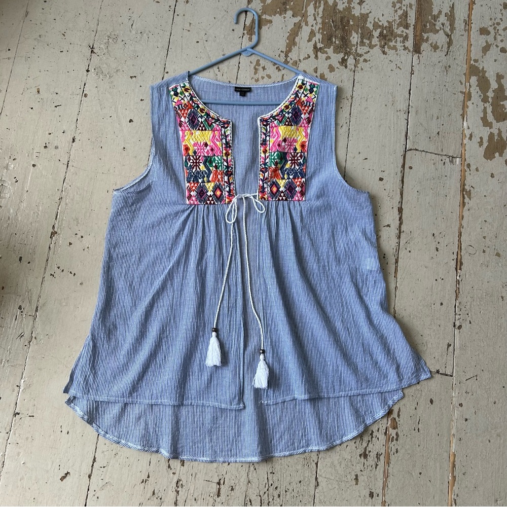 Coco & Carmen Embroidered Tassel Tie Chambray Stripe Vest Top